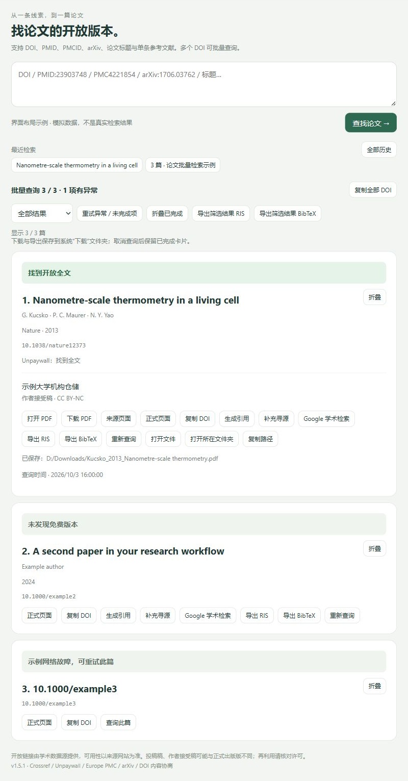 论文寻源批量结果界面：筛选结果、重试异常项与逐篇操作