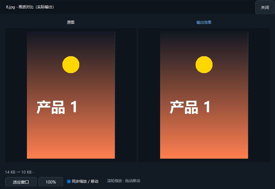 原图与实际压缩输出对比，支持同步缩放和百分之百查看